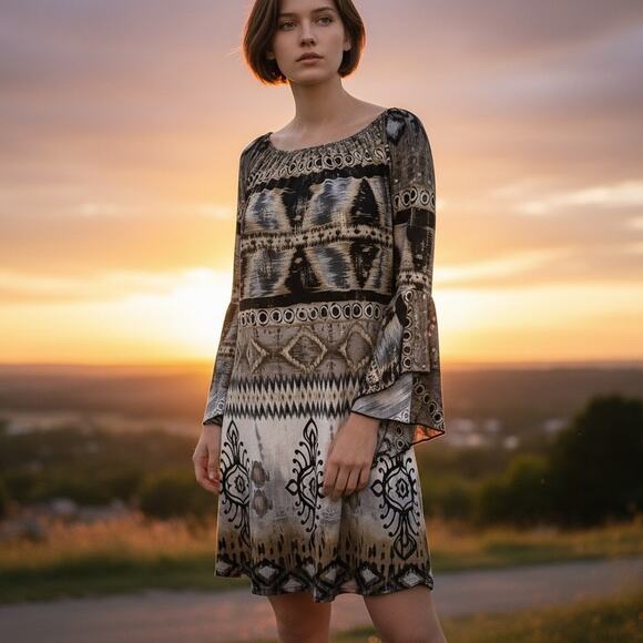 Parker Mini Dress XS Black Gray Tan Gold Abstract Stretch Bell Sleeve Boho Chic - Picture 1 of 14